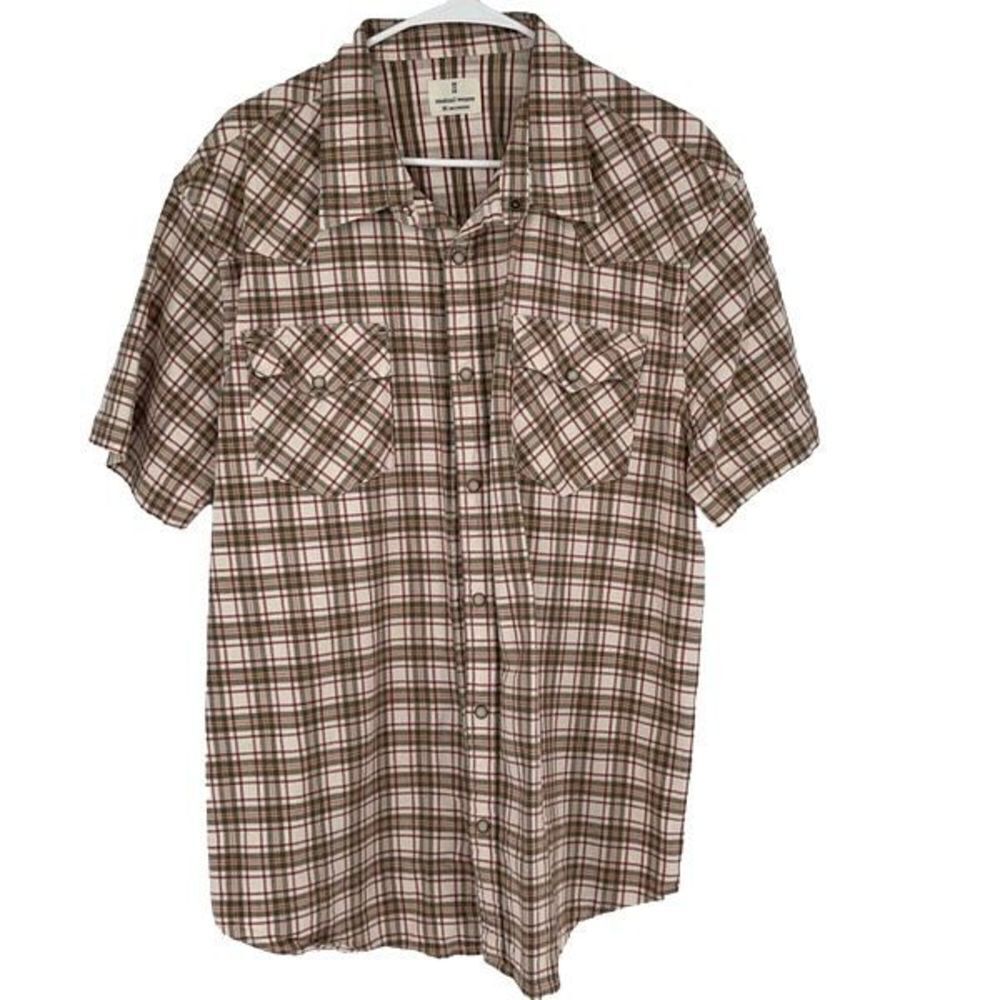 Mutual Weave Mens Plaid Short Sleeve Pearl Snap Western Shirt Brown White Sz XXL